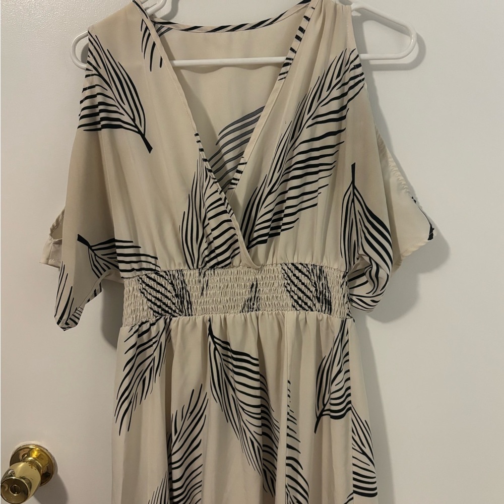 Elegant Spring Chic Soft Coquette Girl Dainty Cream and Black Leaf Print Dress